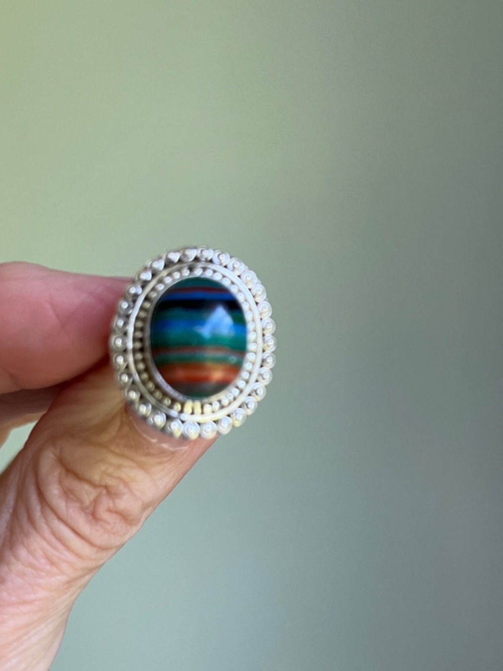 Rainbow Calsilica Sterling Silver Ring - Elegant Beaded Halo